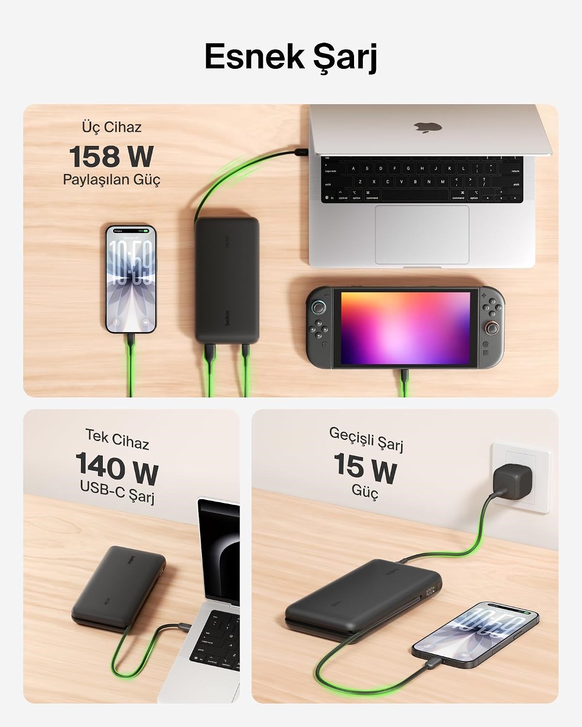 Belkin UltraCharge Pro 25000 mAh Dijital Ekranlı, 1 x USB-C Bağlantı Noktası + Entegre Kablo, 1 x USB-A, 158 W PD, Powerbank