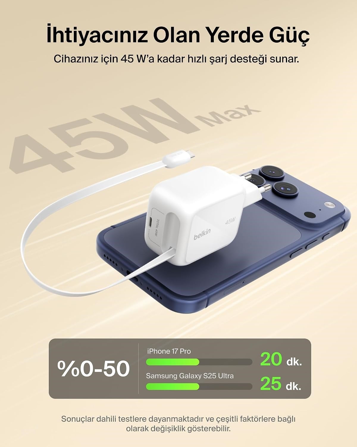 Belkin UltraCharge 45 W Şarj Aleti, 0,8 m Geri Çekilebilir USB-C Kablo