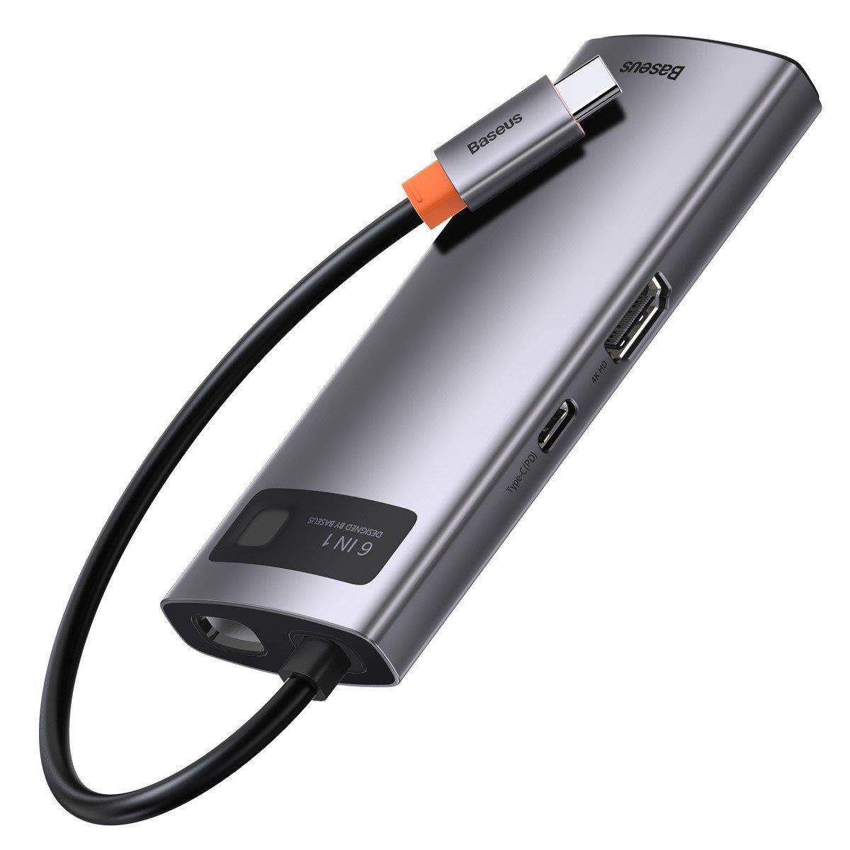 Baseus Metal Gleam 6 in 1 Multifonksiyonal Type-C Hub Dock Station - Gri