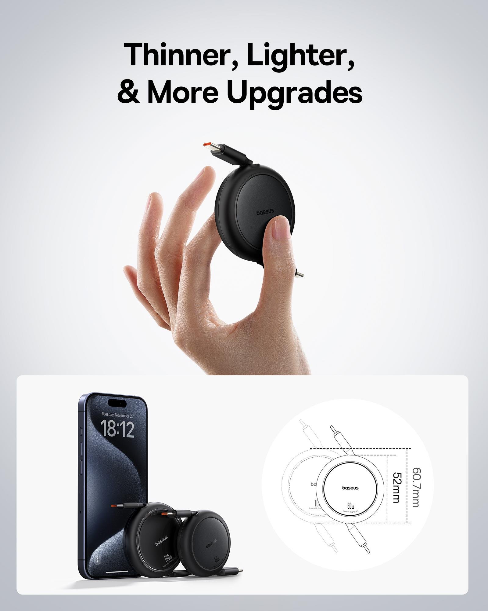 Baseus Free2Pull Mini Makaralı USB-C 60W Hızlı Şarj ve Data Kablosu, Siyah