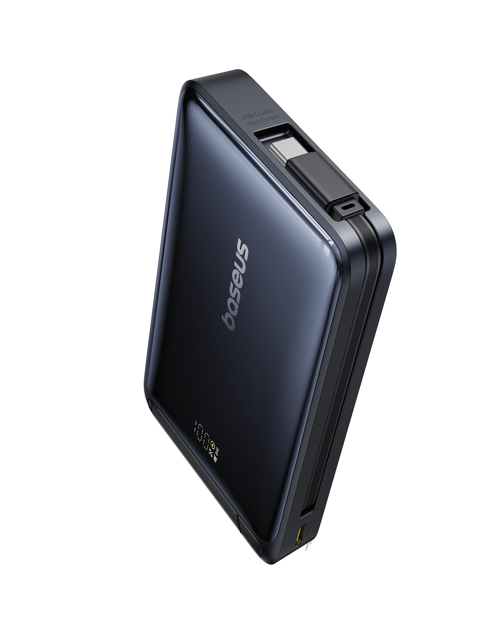 Baseus Nomos 3'ü 1 arada 10000mAh Power Bank - Qi2 15W Kablosuz Şarj, 45W Dahili Çift Yönlü Hızlı Şarj Kablolu, Siyah