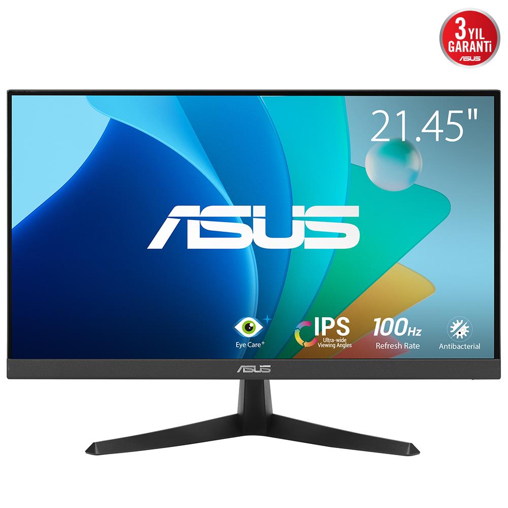 ASUS VY229HF 22 IPS FREESYNC 1920x1080 1MS 100HZ HDMI VESA 3YIL EYECARE PLUS FLICKER-FREE CERCEVESIZ DUSUK MAVI ISIK Antibakteriyel Kaplama Monitör