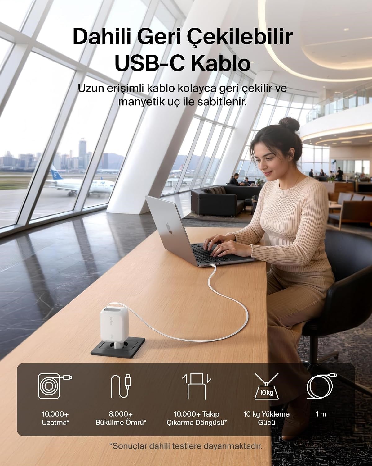 Belkin UltraCharge 67 W GaN Şarj Aleti, 0,8 m Geri Çekilebilir USB-C Kablo ile, Beyaz