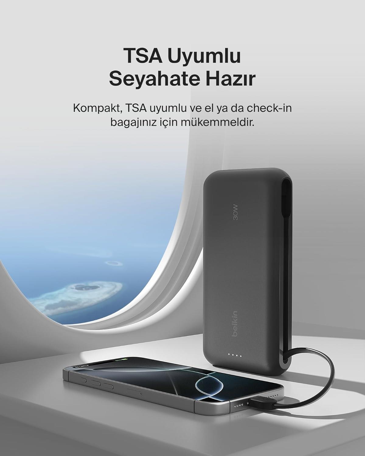 Belkin BoostCharge Powerbank, 20K Entegre Kablolu Taşınabilir Güç Kaynağı, 30 W Güç İletimli Hızlı Şarj, USB-C, Siyah