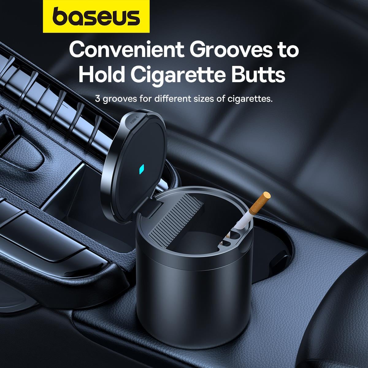 Baseus Premium 2 Serisi Araba Küllüğü - Ortam LED Işığı ve Araba Bardak Tutucuları için Su Geçirmez Tasarıma Sahip Taşınabilir Alüminyum Alaşımlı Küllük - Siyah