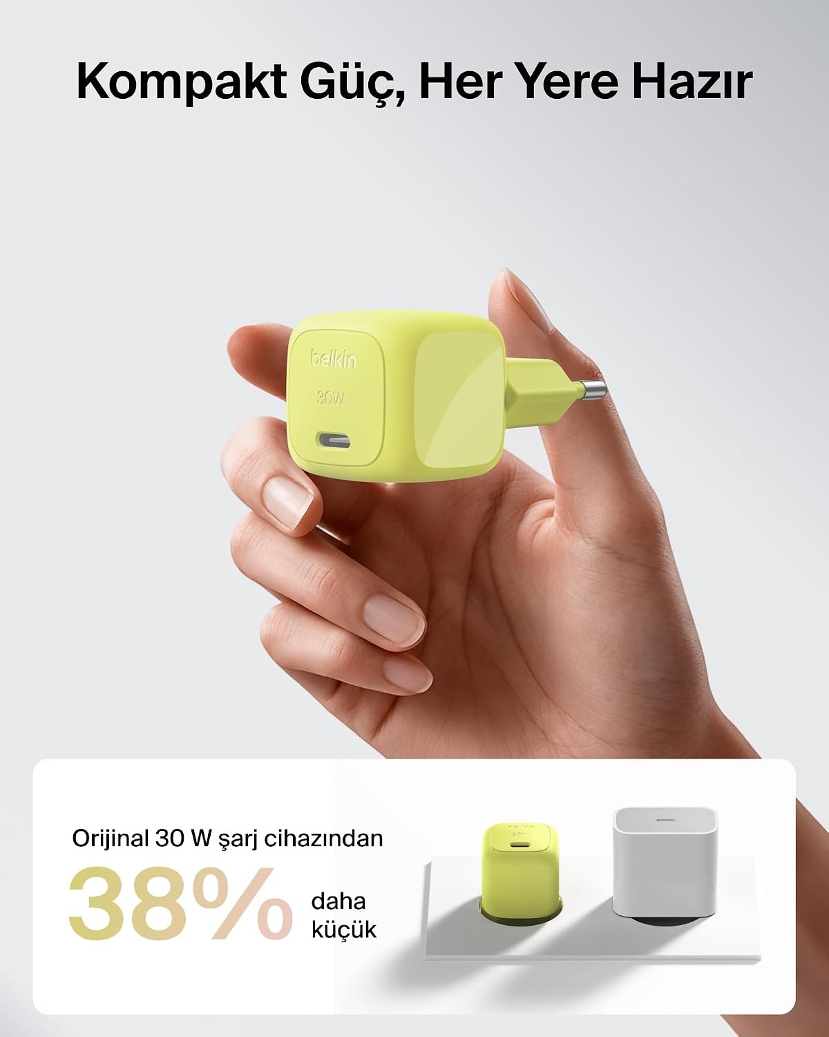 Belkin BoostCharge 30 W USB-C GaN Şarj Cihazı + 2 m Örgülü USB-C Kablo dahil, Yeşil