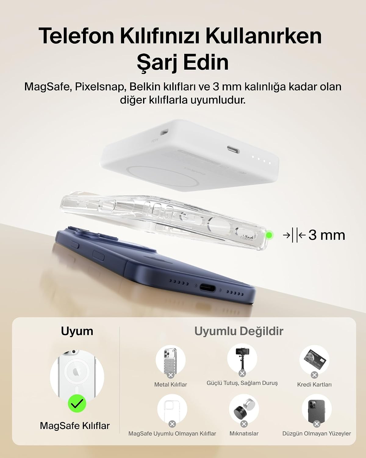 Belkin BoostCharge 10000 mAh İnce Manyetik Stantlı Power Bank, Beyaz