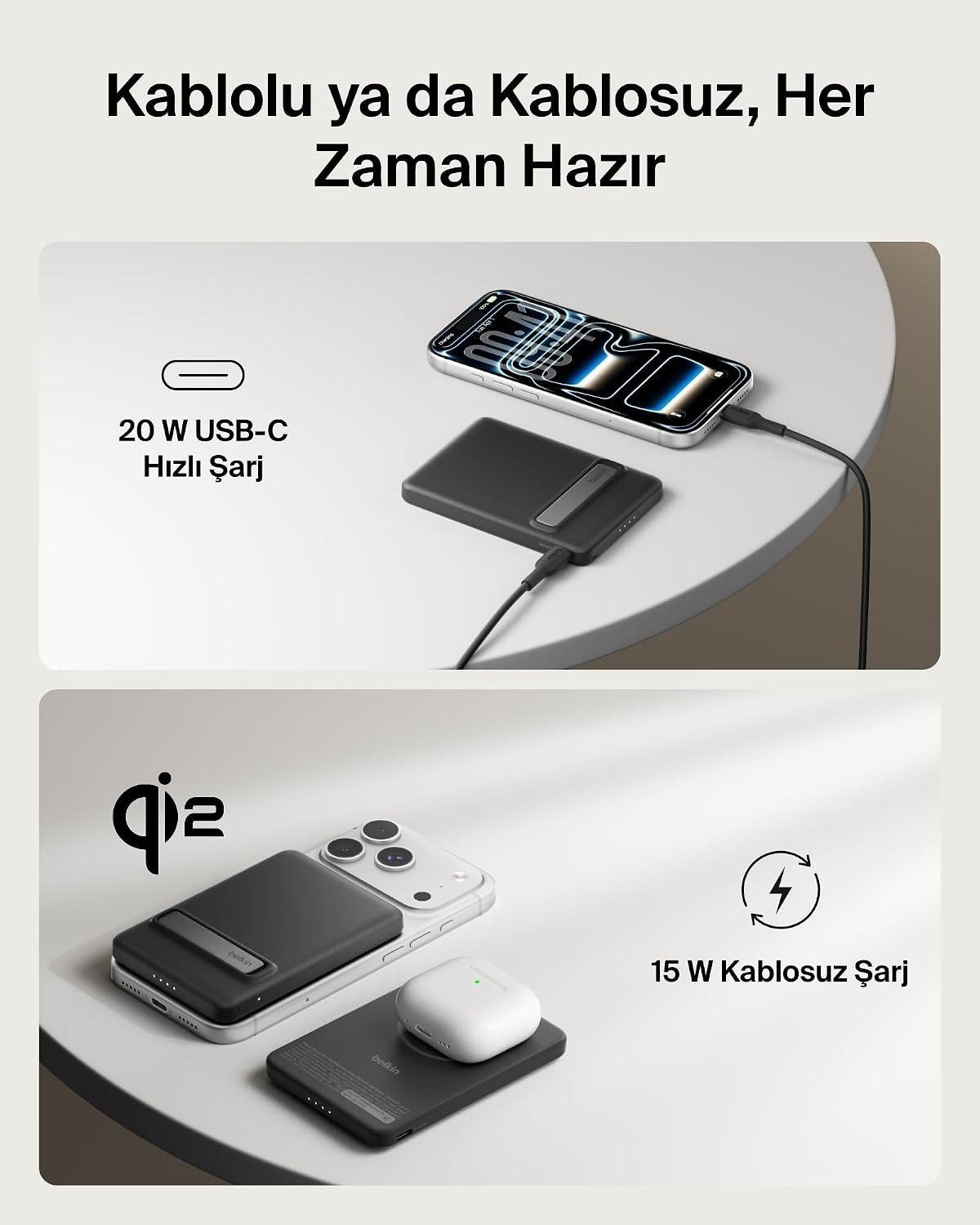 Belkin BoostCharge 5000 mAh İnce Manyetik Stantlı Power Bank, Siyah