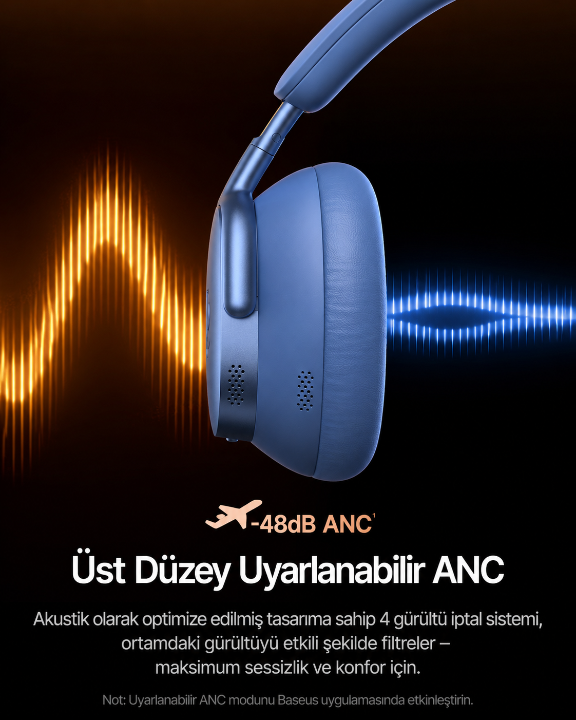 Baseus Inspire Sound by Bose XH1 ANC 100 saat çalma süresi 4 mikrofon BT6.0 Kablosuz Kulak Üstü Kulaklık, Turuncu