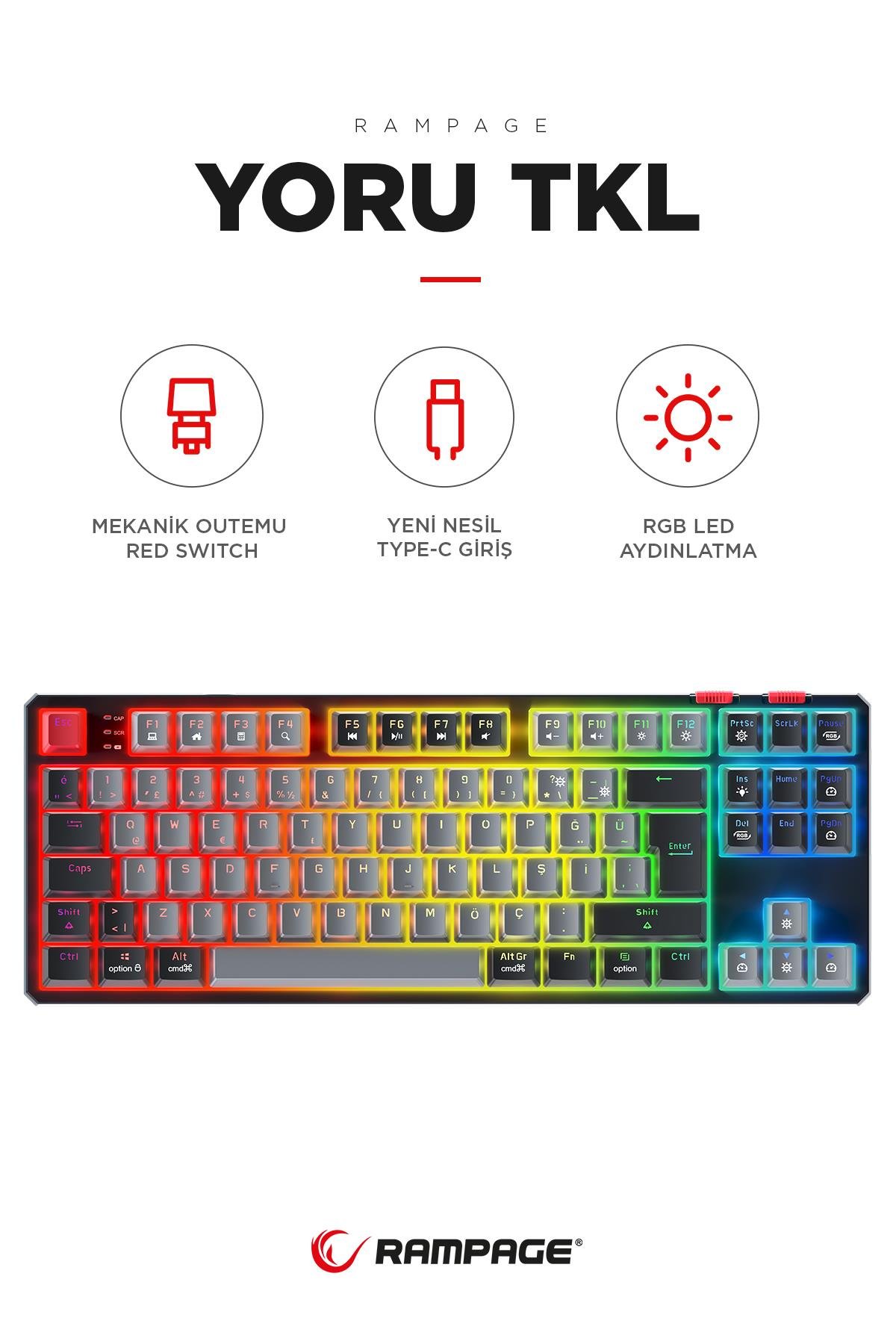 Rampage YORU TKL Gri/Siyah Type-C Bağlantılı OUTEMU Red Swich Q Mekanik Gaming Oyuncu Klavye RGB