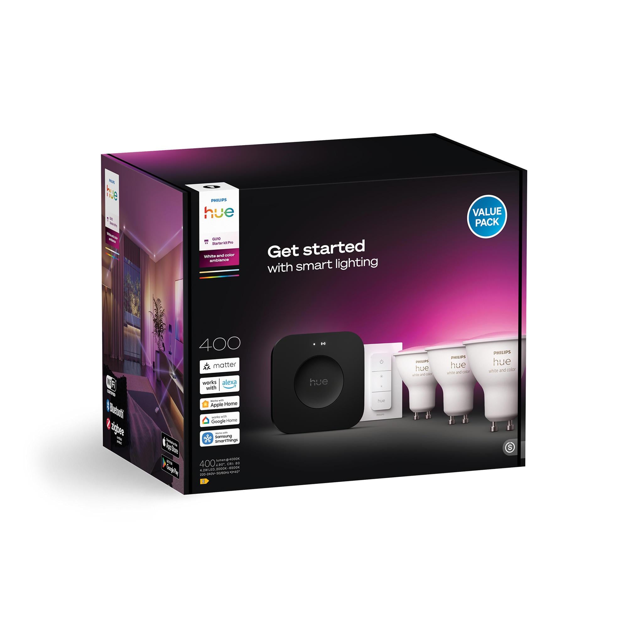 Philips Hue GU10 3'lü Spot Başlangıç Seti, Bridge Pro ve Dimmer Switch dahildir.