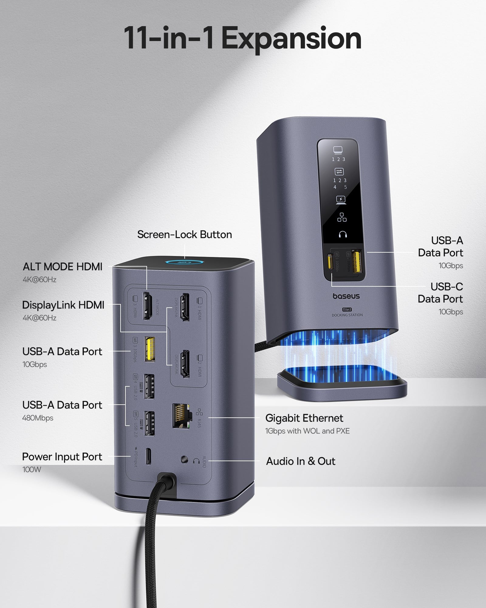 Baseus Docking Station Spacemate Serisi 11'i 1 arada yerleştirme istasyonu, 3 monitör, 2 x HDMI 1 x DP 4K @ 60Hz, 3 x USB-A/C 10 Gbps, 1 Gbps Ethernet, 100 W PD