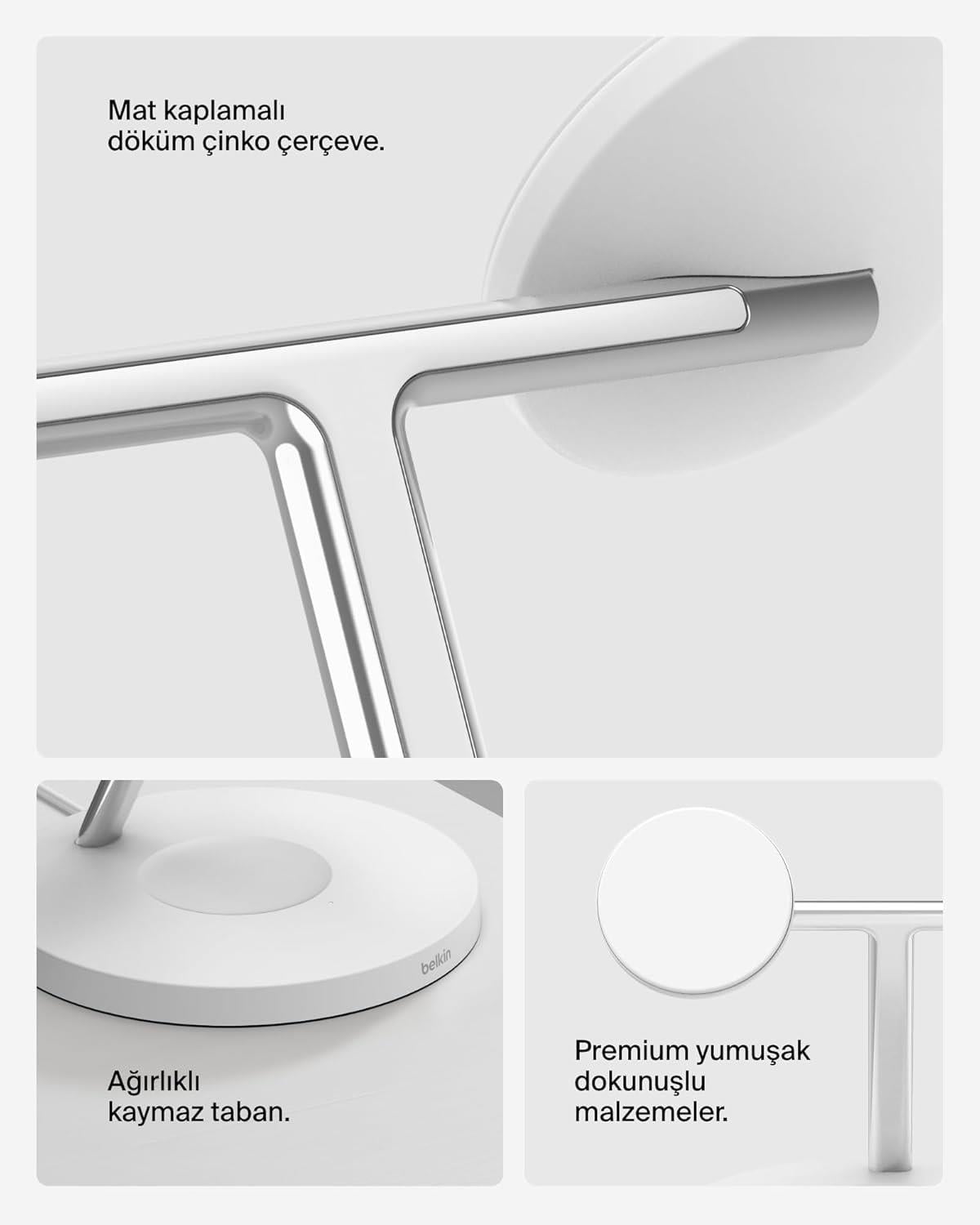 Belkin BoostCharge 3'ü 1 Arada, Qi2 MagSafe Kablosuz Şarj İstasyonu, Beyaz
