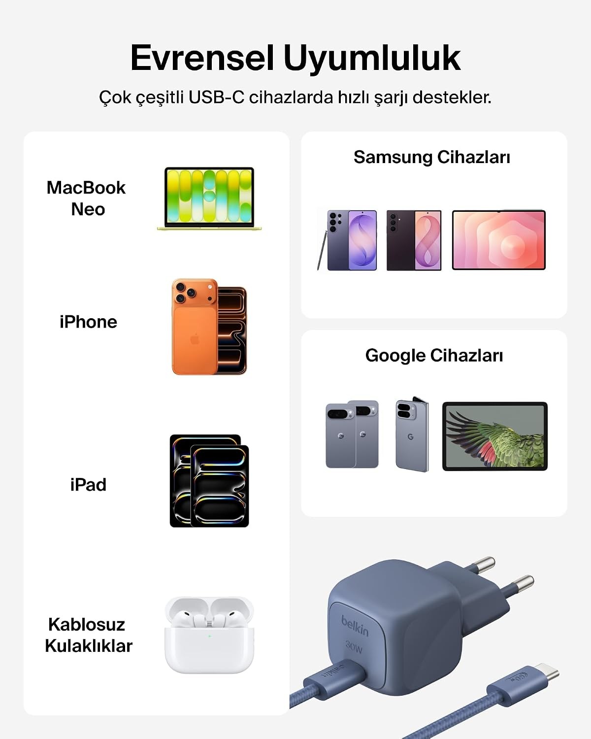 Belkin BoostCharge 30 W USB-C GaN Şarj Cihazı + 2 m Örgülü USB-C Kablo dahil, Pembe