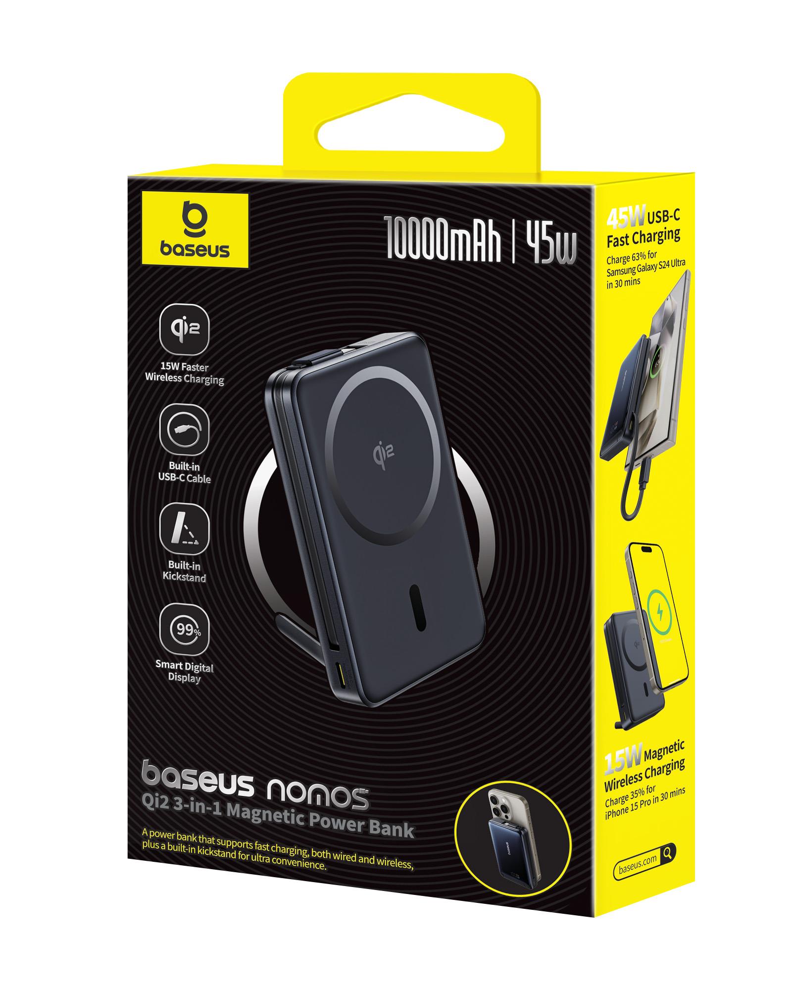 Baseus Nomos 3'ü 1 arada 10000mAh Power Bank - Qi2 15W Kablosuz Şarj, 45W Dahili Çift Yönlü Hızlı Şarj Kablolu, Siyah