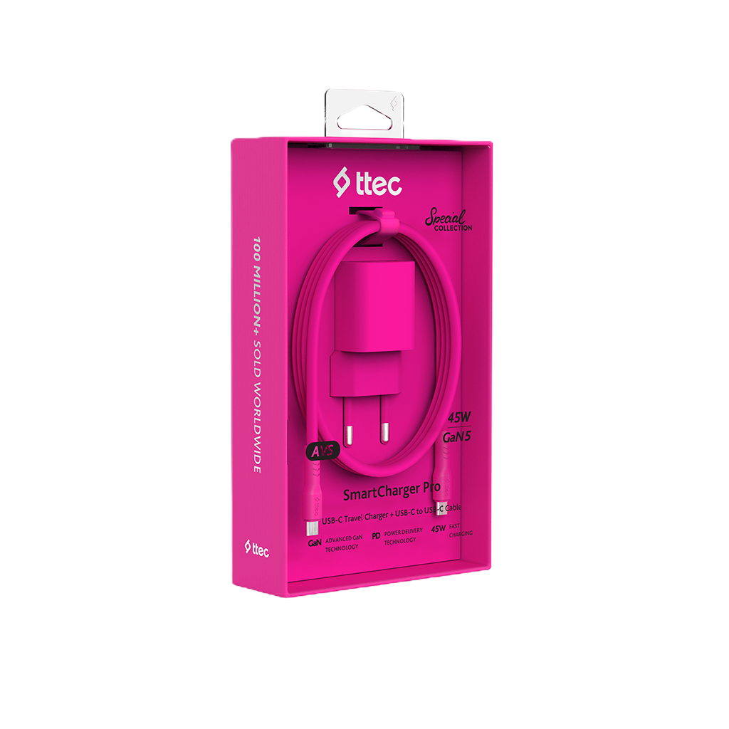 ttec SmartCharger GAN 45W AVS PD Seyahat Hızlı Şarj Aleti + USB-C - USB-C 3A Kablo Neon Neon Pembe