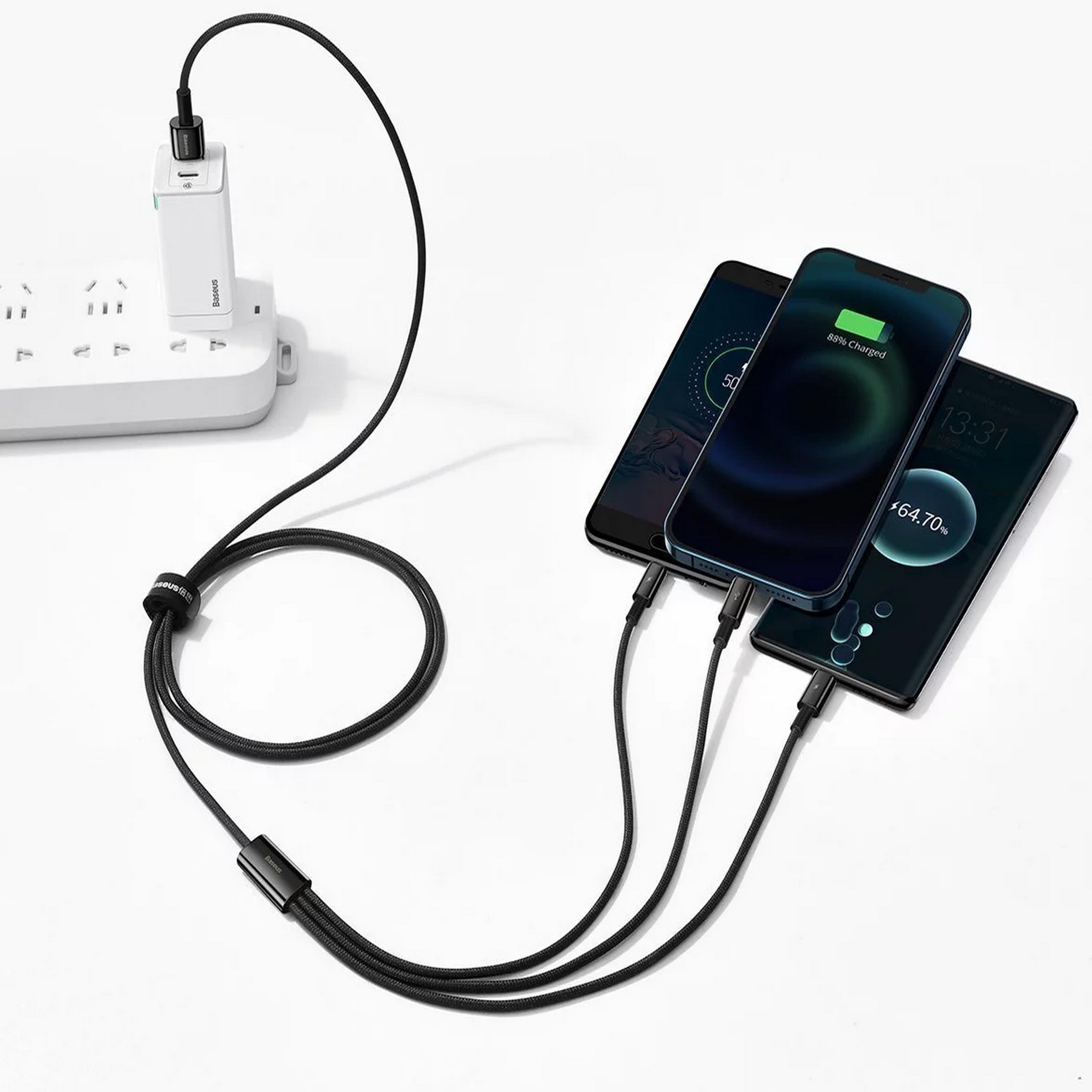 Baseus Tungsten Gold 3'ü 1 arada Hızlı Şarj Data Kablosu USB to M+L+C 3.5A 1.5m Siyah