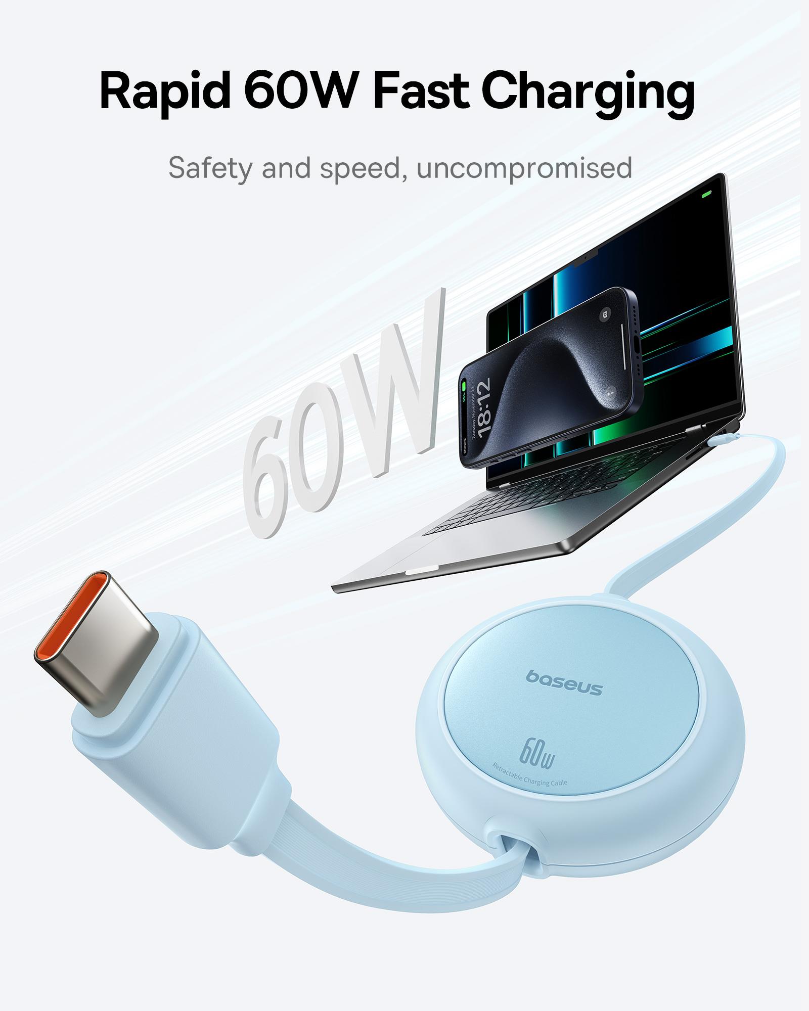 Baseus Free2Pull Mini Makaralı USB-C 60W Hızlı Şarj ve Data Kablosu, Mavi