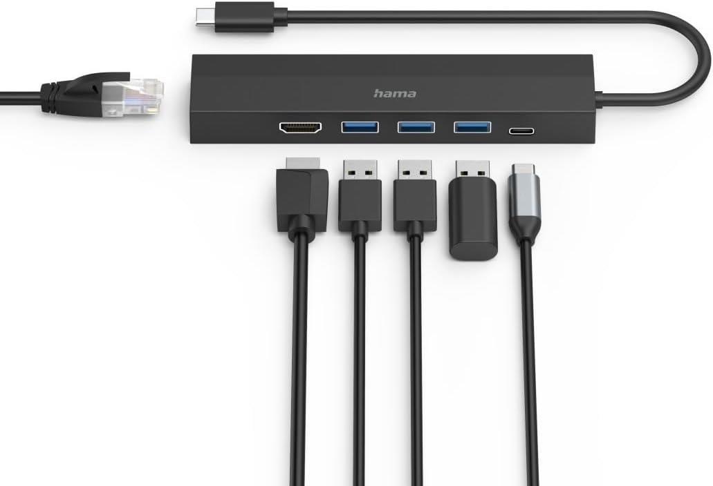 Hama USB Hub 6 bağlantı noktası (3 x USB-A, USB-C, HDMI, LAN/Ethernet