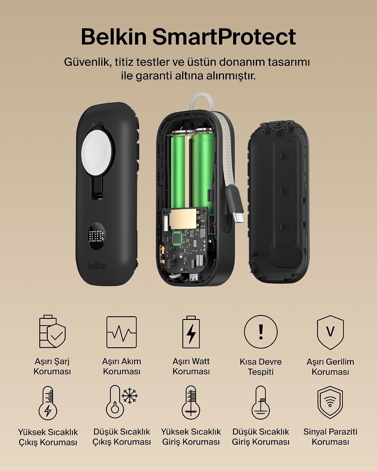 Belkin BoostCharge Pro 10K mAh Power Bank ve Apple Watch Şarj Cihazlı, Entegre Örgülü USB-C Kablo ve Dijital Ekranlı Taşınabilir Şarj Cihazı, 45 W, Siyah