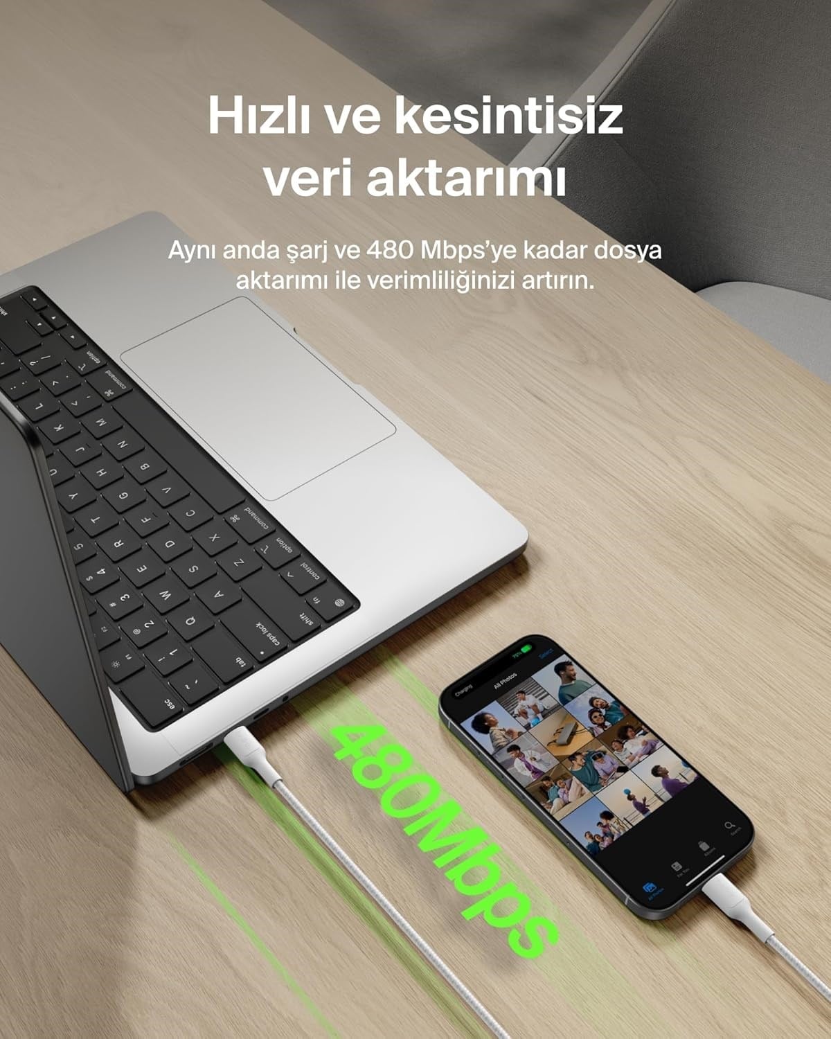 Belkin Eco Örgülü USB-C - USB-C 2 m, 240 W, Tip-C Hızlı Şarj Kablosu - Beyaz (USB 2.0)