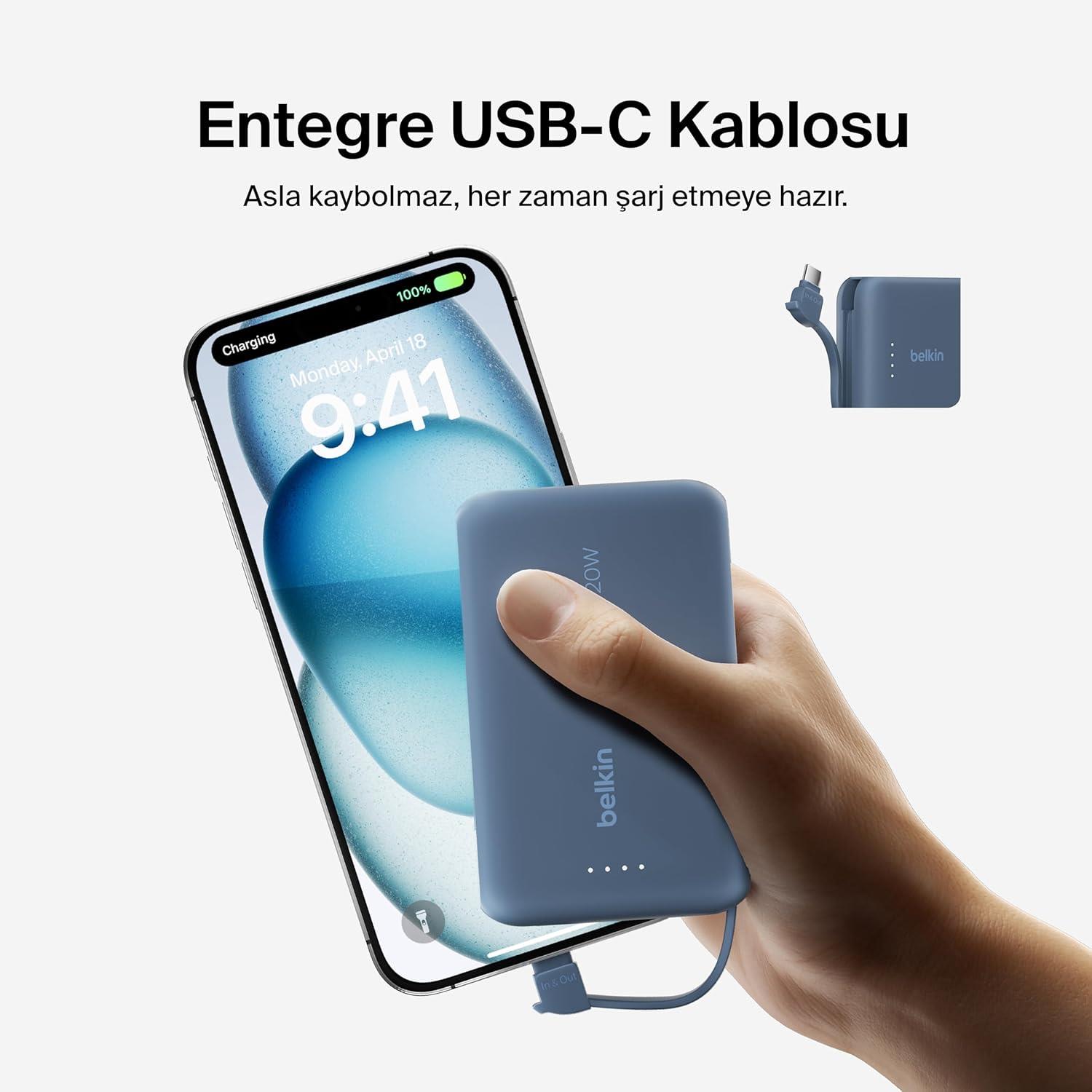 Belkin BoostCharge Powerbank, Entegre Type-C Kablolu 10K PD 20W, Mavi