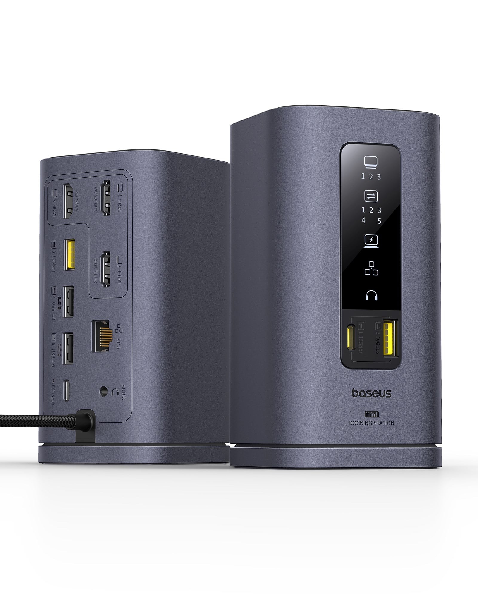 Baseus Docking Station Spacemate Serisi 11'i 1 arada yerleştirme istasyonu, 3 monitör, 2 x HDMI 1 x DP 4K @ 60Hz, 3 x USB-A/C 10 Gbps, 1 Gbps Ethernet, 100 W PD