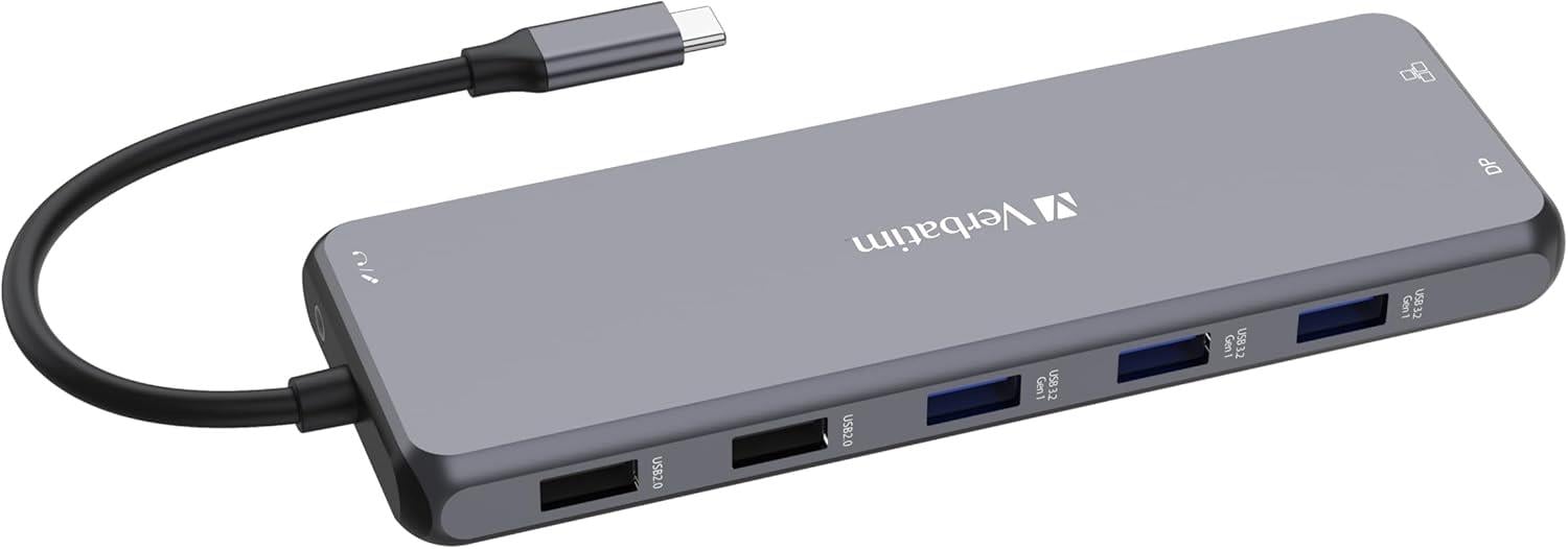 Verbatim USB C Hub 13'ü 1 arada, çoklu bağlantı noktalı adaptör, USB-C, HDMI, RJ45, USBA-A ve USB-C PD, SD kart okuyuculu