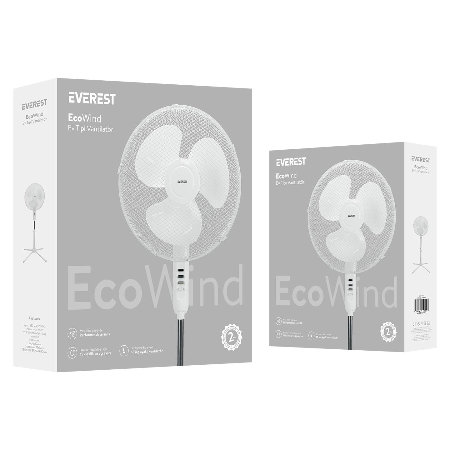 Everest FAN10 Ecowind Beyaz 16 Maks 45W 3 Kademe 1100RPM Metal Yıldız Ayak 3 Bıçaklı Vantilatör/ Pervanesi, Ev Tipi Vantilatör