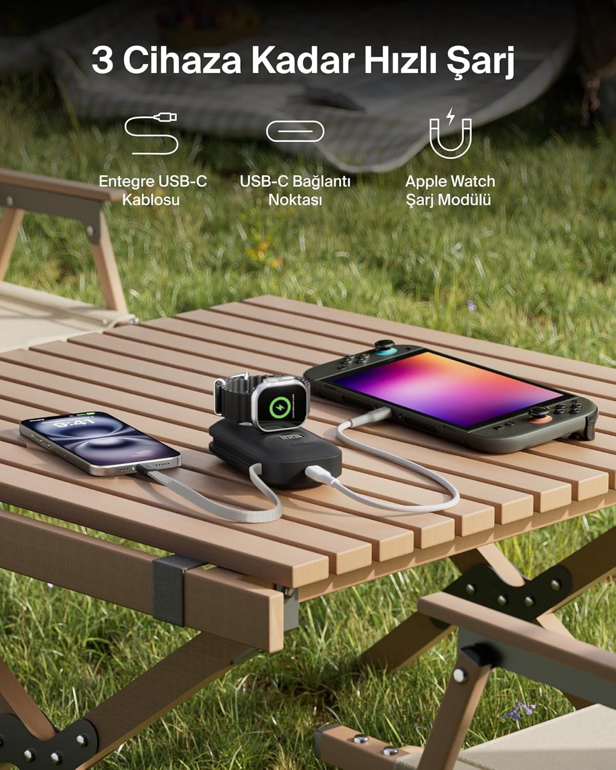 Belkin BoostCharge Pro 10K mAh Power Bank ve Apple Watch Şarj Cihazlı, Entegre Örgülü USB-C Kablo ve Dijital Ekranlı Taşınabilir Şarj Cihazı, 45 W, Siyah