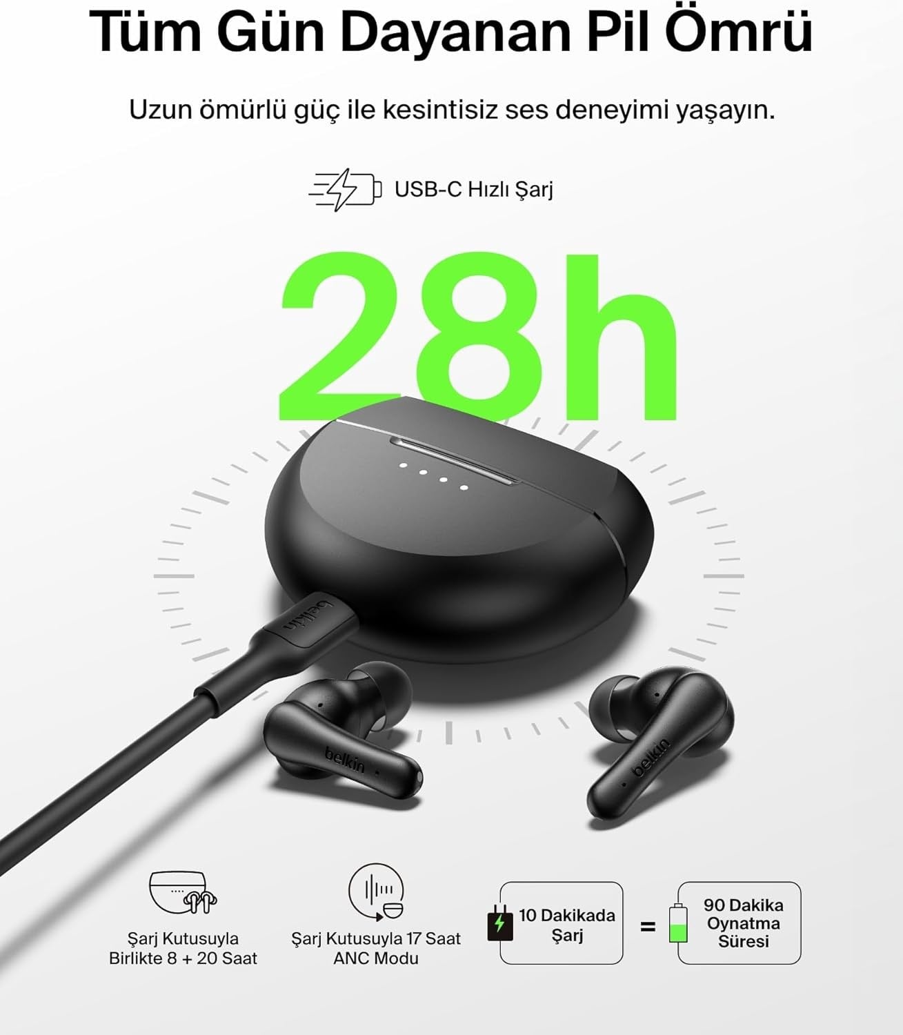 Belkin SoundForm Rhythm ANC Gerçek Kablosuz Kulak İçi Kulaklık, 28 Saat Pil Ömrü, IPX5 Suya Dayanıklılık, Siyah