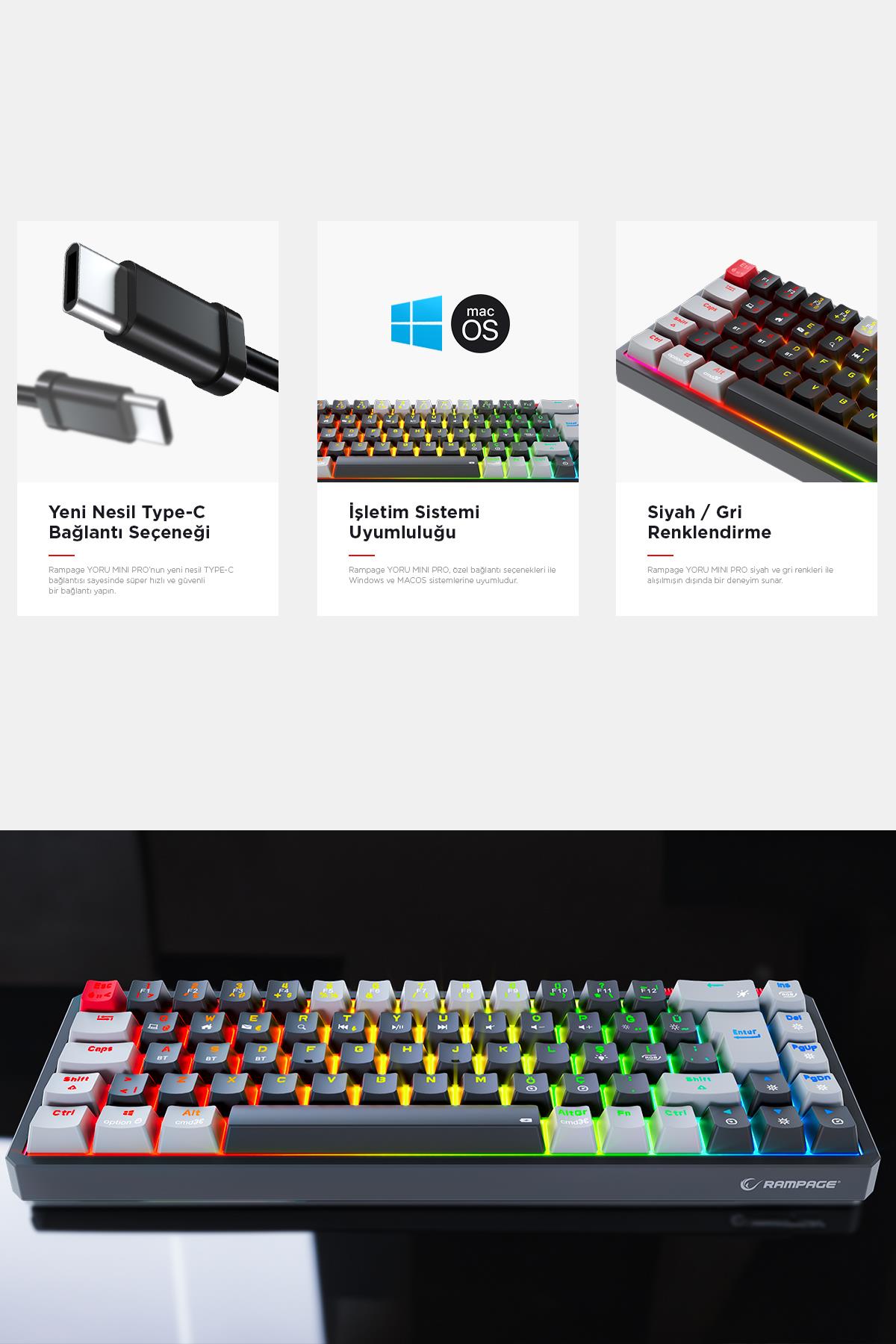 Rampage YORU Mini PRO Siyah/Gri 2.4ghz+BT5.0+Type-C 5 Bağlantı OUTEMU Red Swich Q Mekanik Gaming Oyuncu Klavye RGB