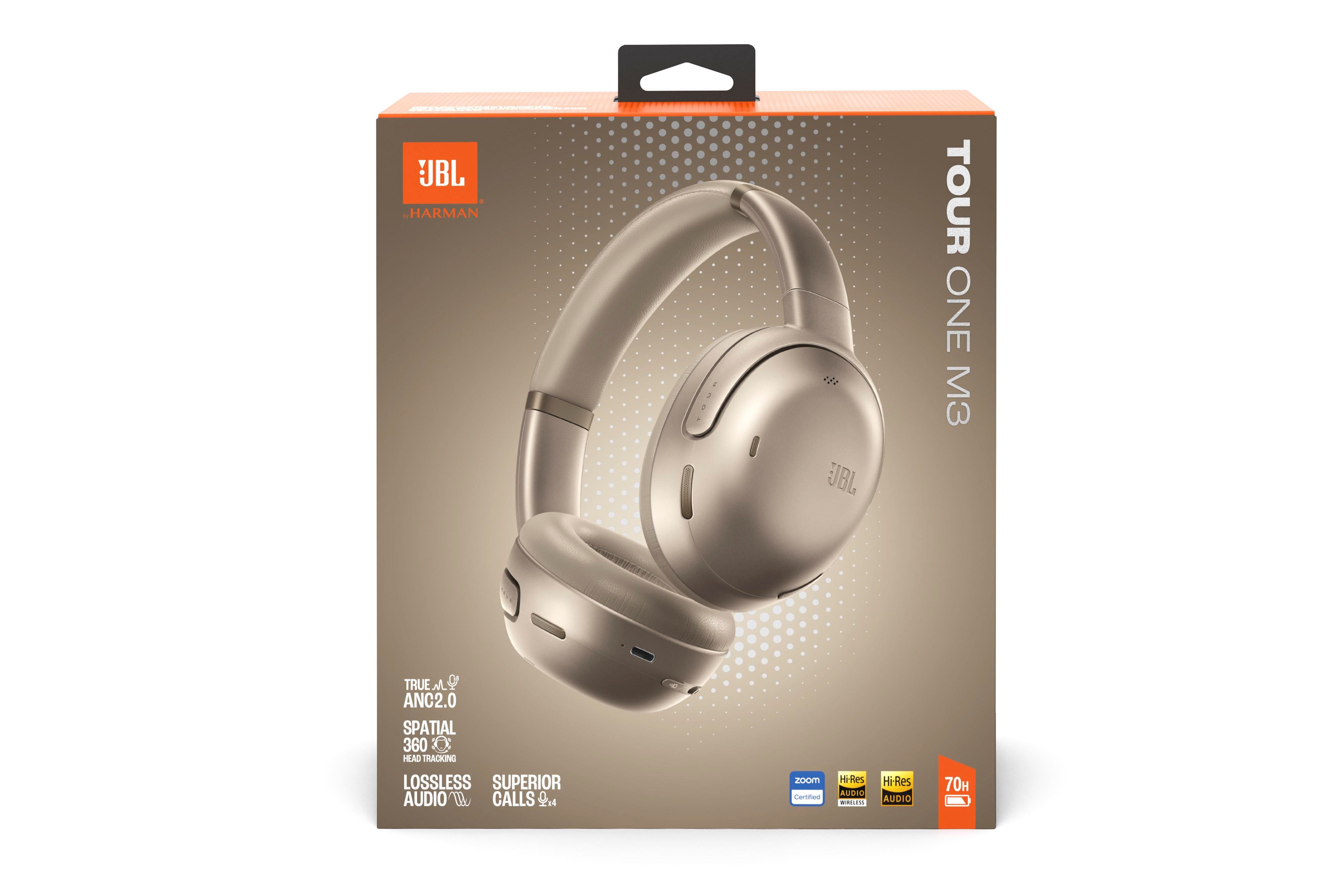 JBL Tour One M3 Kablosuz Kulak üstü Kulaklık, Gerçek uyarlanabilir gürültü önleme, JBL Spatial 360 ses kafa takipli, Latte