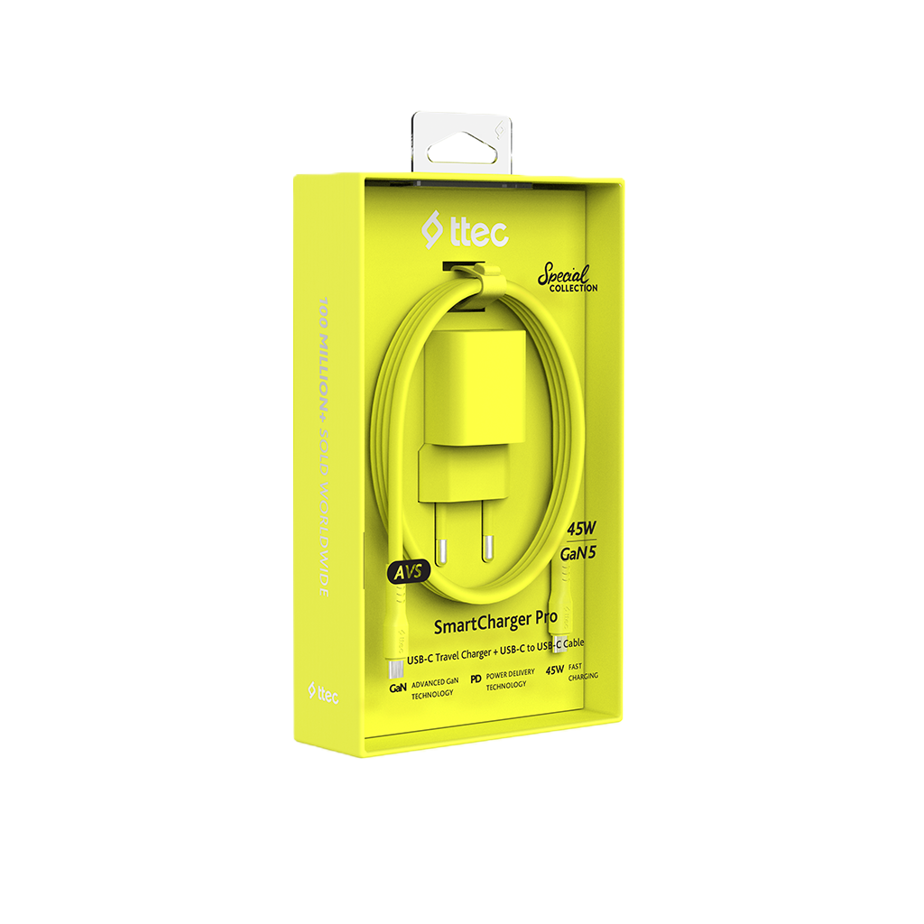 ttec SmartCharger GAN 45W AVS PD Seyahat Hızlı Şarj Aleti + USB-C - USB-C 3A Kablo Neon Neon Sarı