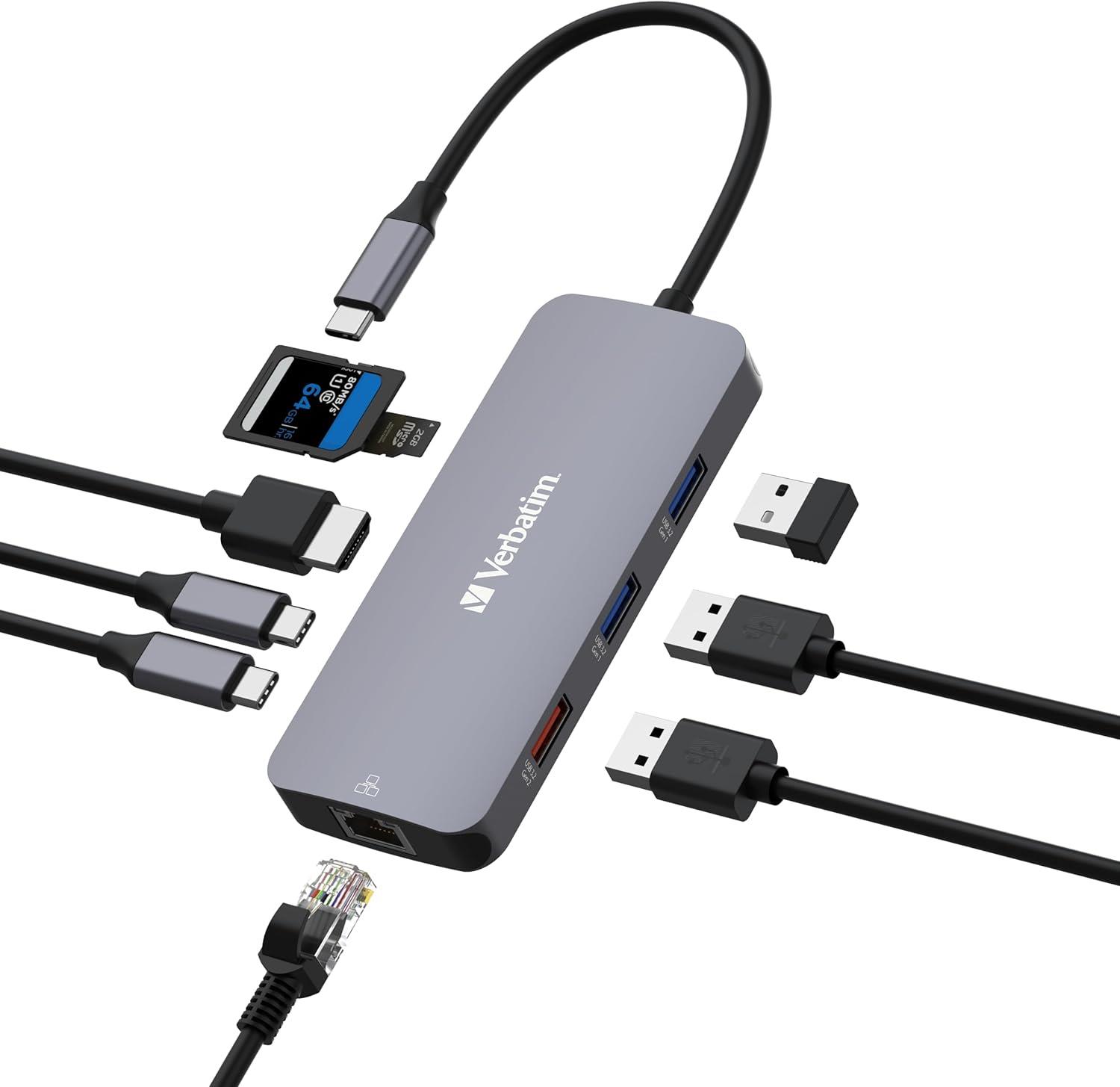 Verbatim USB C Hub 9'u 1 arada, çoklu bağlantı noktalı adaptör, USB-C, HDMI, RJ45, USBA-A ve USB-C, SD kart okuyuculu