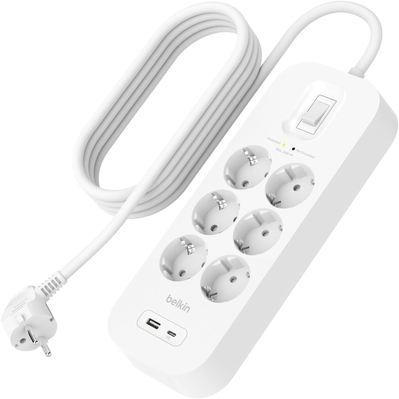 Belkin 6'lı Yüksek Gerilim Korumalı Çoklu Priz, Hızlı şarj için USB-C ve USB-A bağlantısı 650 jul koruma 2m, Beyaz