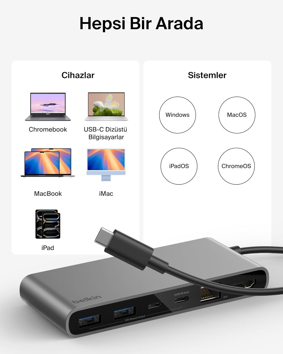 Belkin Connect 8 Portlu USB-C Hub, 4K@60Hz'100 W PD, 10 Gbps veri aktarım hızı ve 2,5 Gbps Ethernet - Gri