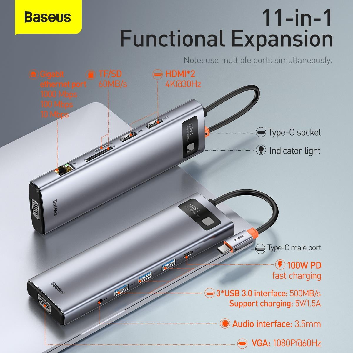 Baseus Metal Gleam 11in1 Multifonksiyonel Type-C Hub Dock Station