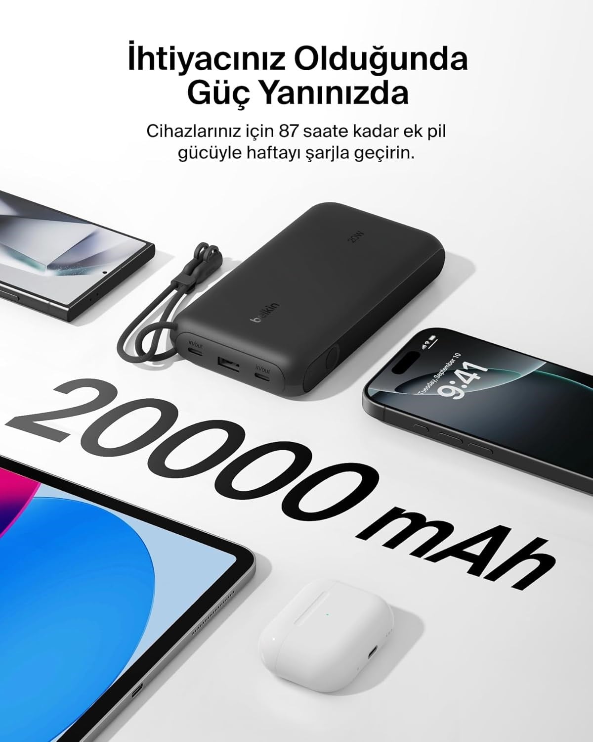 Belkin Boostcharge Power Bank 20000 Mah  Display, PD 20W  USB-C Kablolu, Siyah