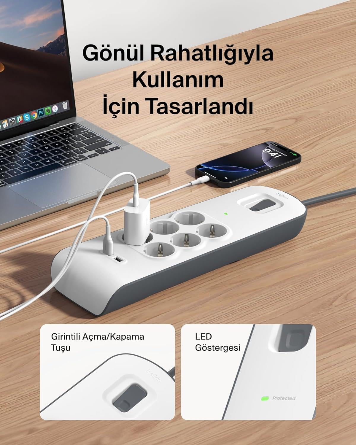 Belkin Surge BSV604 6x Akım Korumalı Priz+ 2x USB-A