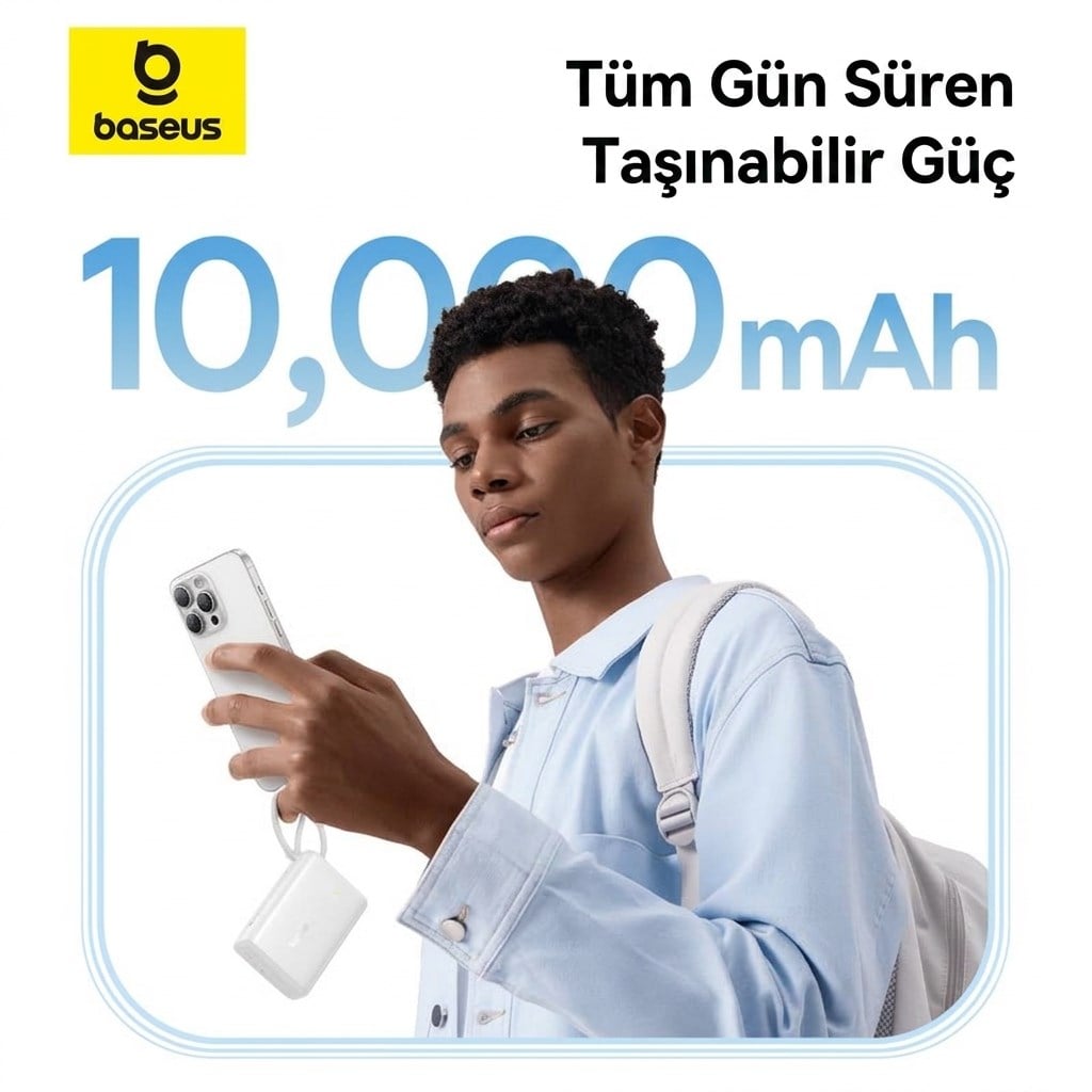 Baseus PicoGo 10000mAh 45W Dahili Kablolu Dijital Ekranlı Powerbank – Beyaz