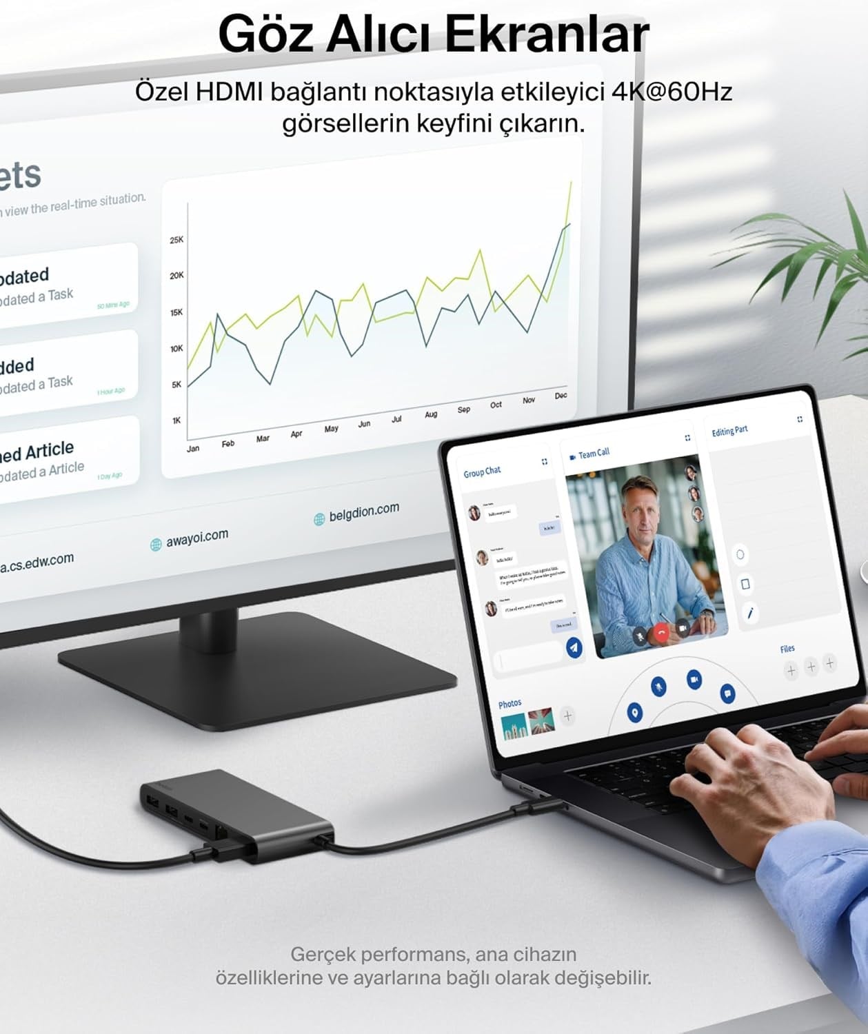 Belkin Connect 8 Portlu USB-C Hub, 4K@60Hz'100 W PD, 10 Gbps veri aktarım hızı ve 2,5 Gbps Ethernet - Gri