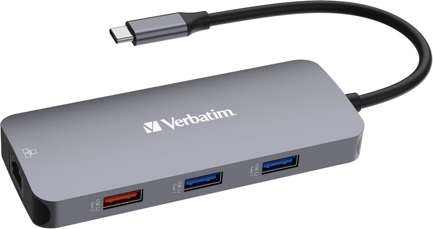 Verbatim USB C Hub 9'u 1 arada, çoklu bağlantı noktalı adaptör, USB-C, HDMI, RJ45, USBA-A ve USB-C, SD kart okuyuculu