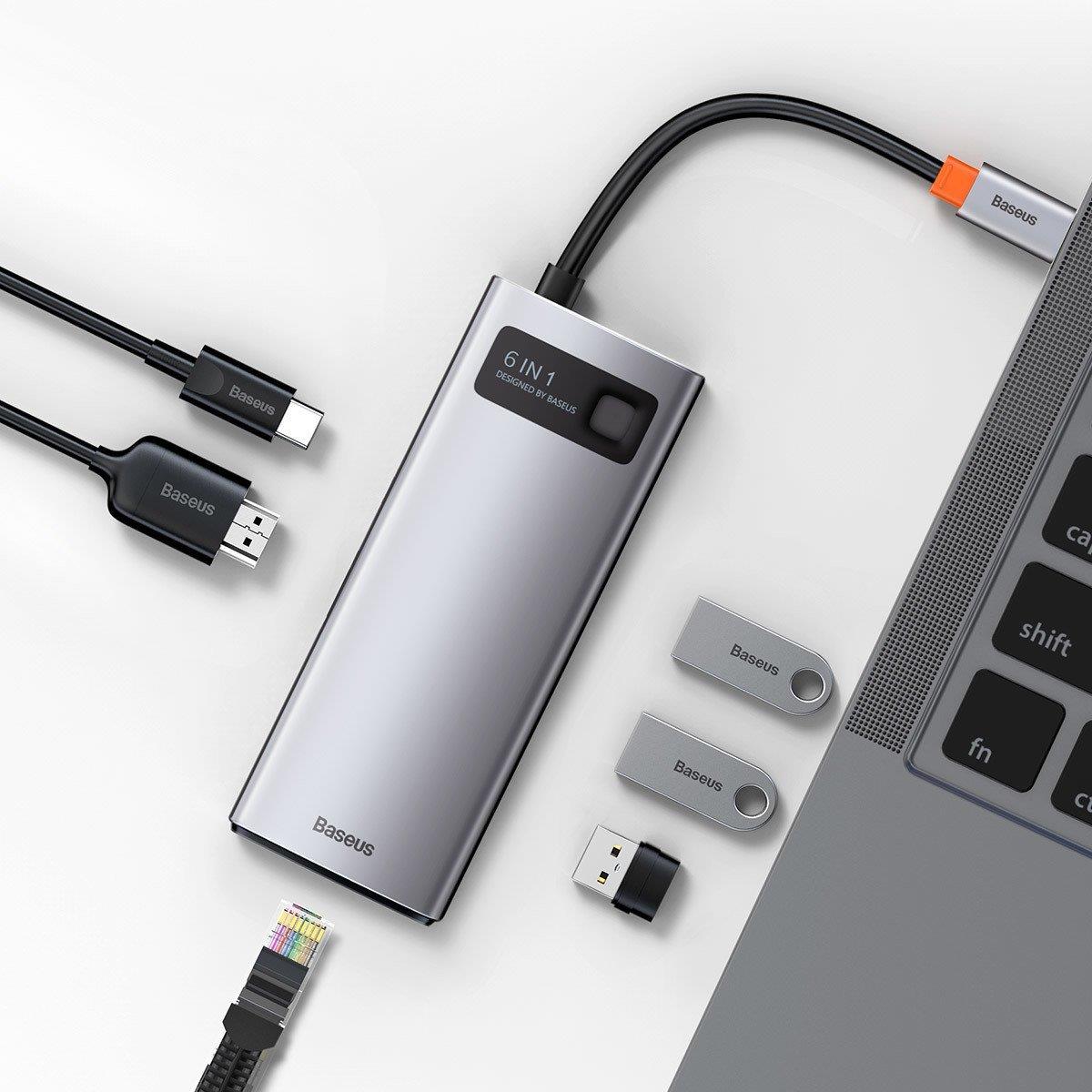 Baseus Metal Gleam 6 in 1 Multifonksiyonal Type-C Hub Dock Station - Gri