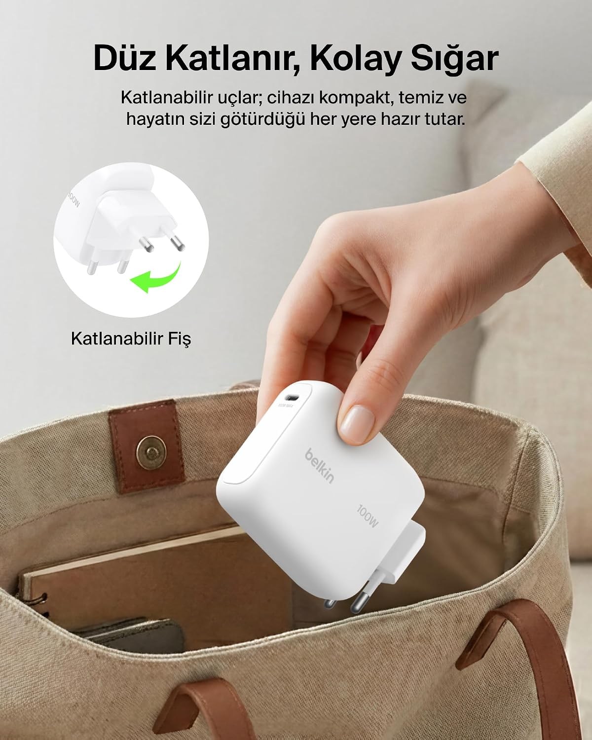 Belkin BoostCharge USB-C Fiş Tipi Şarj Cihazı 100 W, GaN Kompakt ve Katlanabilir, Beyaz