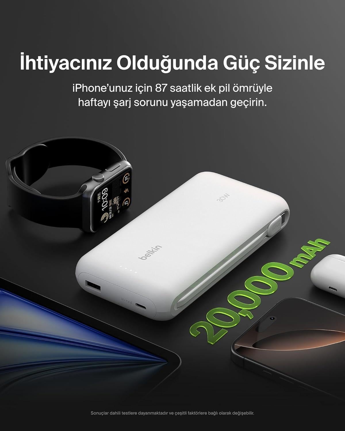 Belkin BoostCharge 20.000mAh Entegre Kablolu 30W Hızlı Şarj Powerbank, Beyaz