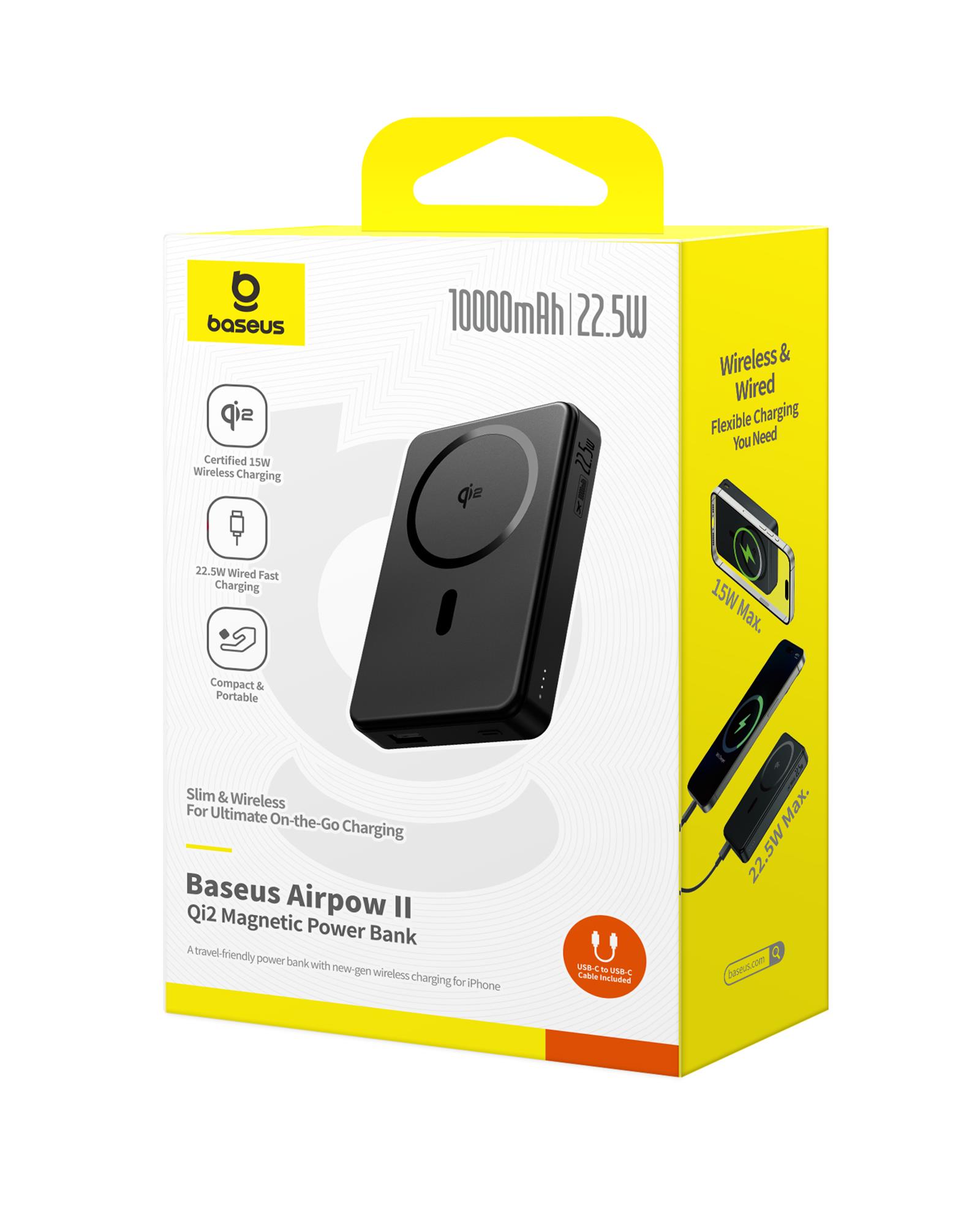Baseus Airpow II Qi2 10000mAh MagSafe Powerbank 15W Kablosuz + 22,5W USB-A + 20W PD USB-C, Siyah