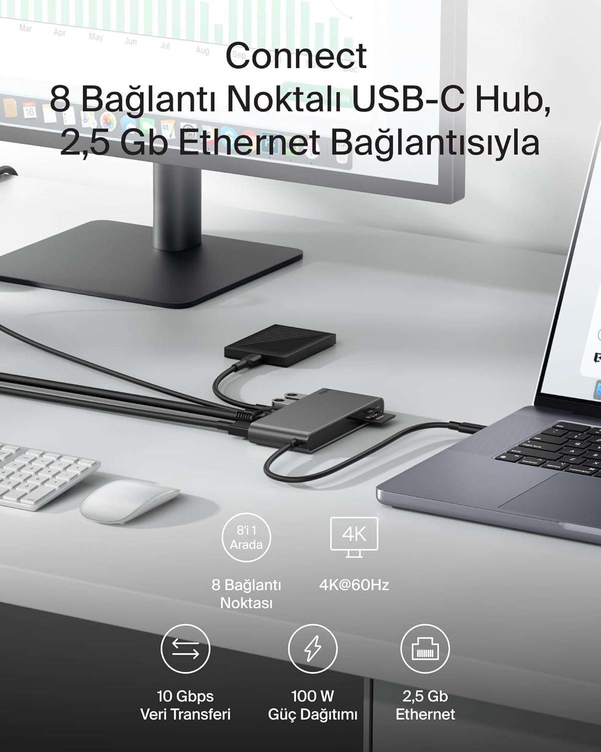 Belkin Connect 8 Portlu USB-C Hub, 4K@60Hz'100 W PD, 10 Gbps veri aktarım hızı ve 2,5 Gbps Ethernet - Gri