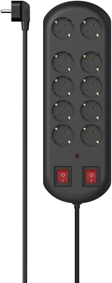Hama 10'lu Akım Korumalı Priz, 2 switches, 2m, Siyah