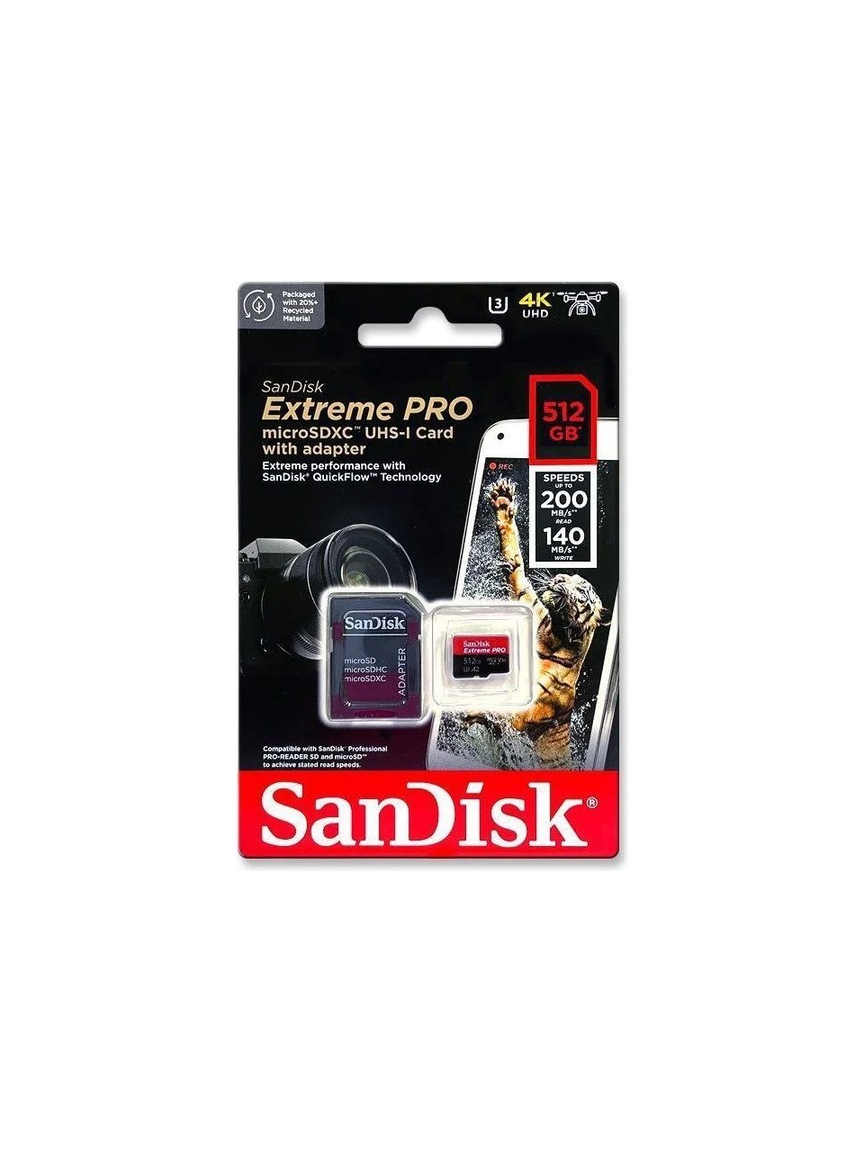 Sandisk Extreme Pro 512GB 200/140MB/S Microsdxc Uhs-I A2 V30 Adaptörlü Hafıza Kartı SDSQXCD-512G-GN6MA